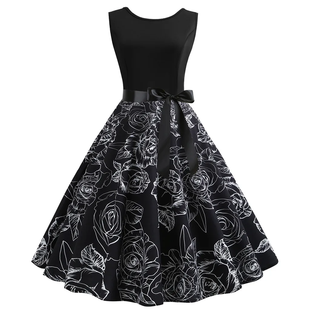 

Women Vintage Bodycon Sleeveless O Neck Evening Printing Party Prom Swing Dress robe ete 2019 women dress vestidos