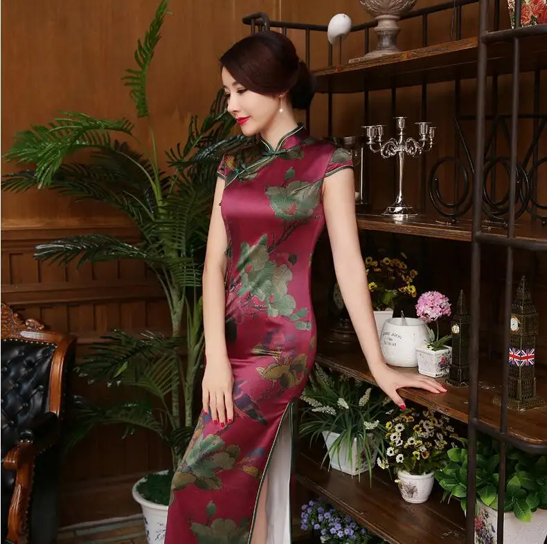 

2017 Chinese traditional dress fashion design long cheongsam short sleeves evening dresses Silk qipao