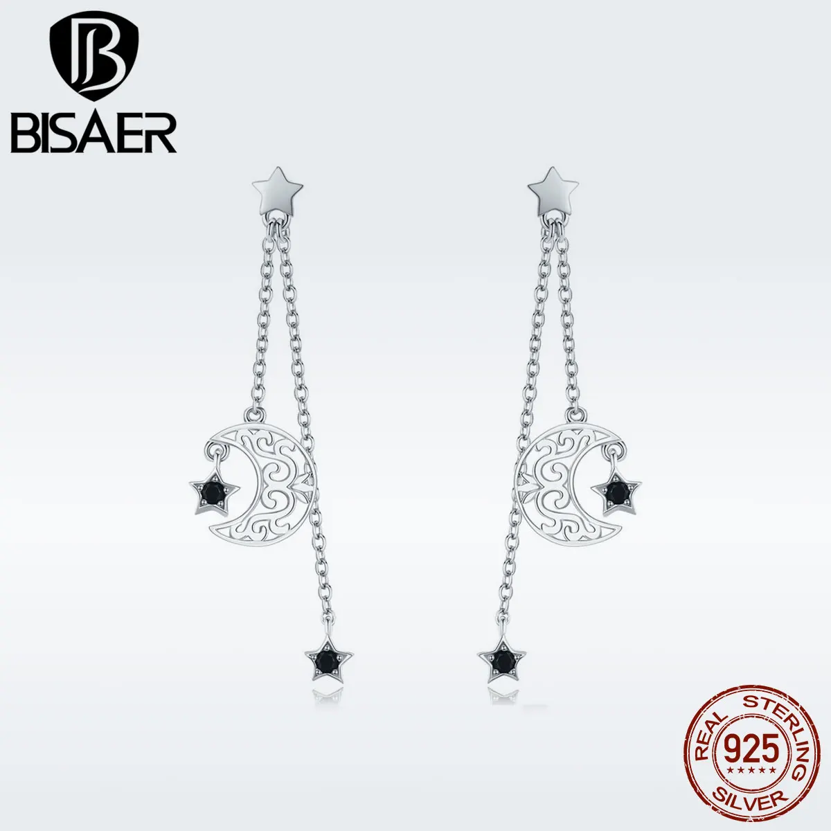 

BISAER Hot Sale 925 Sterling Silver Moon&Stars Long Chain Drop Earrings Cute Crystal CZ Jewelry Making Gifts Valentine GXE528