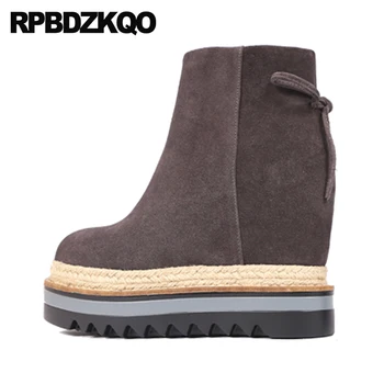 

bow high quality wedge shoes platform height increased muffin black side zip boots round toe flatform women winter heel booties