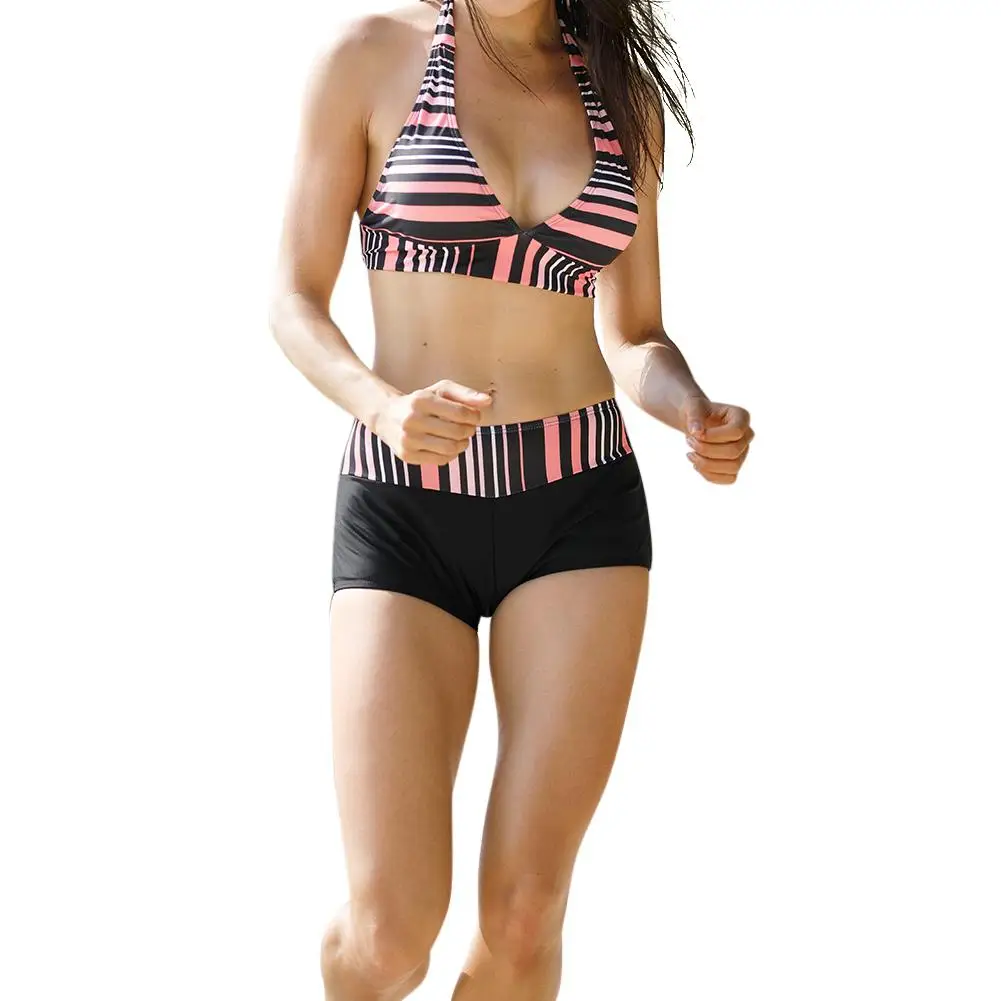 

2019 New Ladies Split Striped Print Boxer Swimsuit Bikini