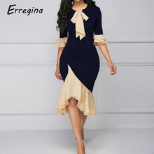 Erregina Formal Ladies Office Dress Vintage Women Half Sleeve Ruffle Hem Mermaid Bodycon Midi Cocktail Party Dress with Bow Erregina Formal Ladies Office Dress Vintage Women Half Sleeve Ruffle Hem Mermaid Bodycon Midi Cocktail Party Dress with Bow