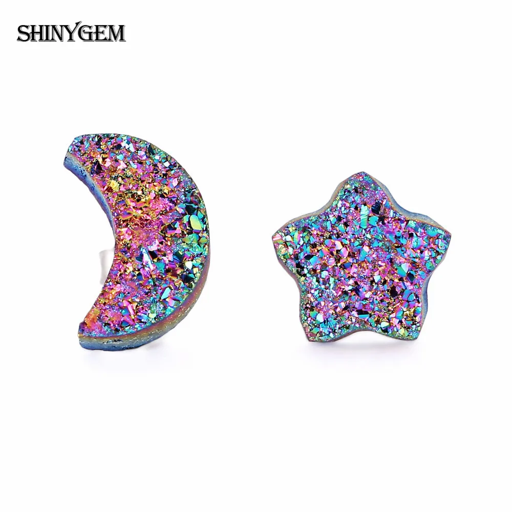 ShinyGem милые серьги с Луной и звездой из натурального камня милые 925 пробы серебряные серьги-гвоздики радужные друзы вечерние серьги для женщин