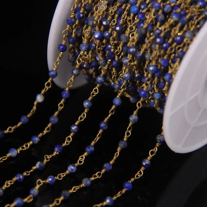 

5Meter Natural Lapis Lazuli 2mm Faceted Round Beads Rosary Chain,Gold Color Brass Wire Wrapped Necklace Bracelet Sweater Chains