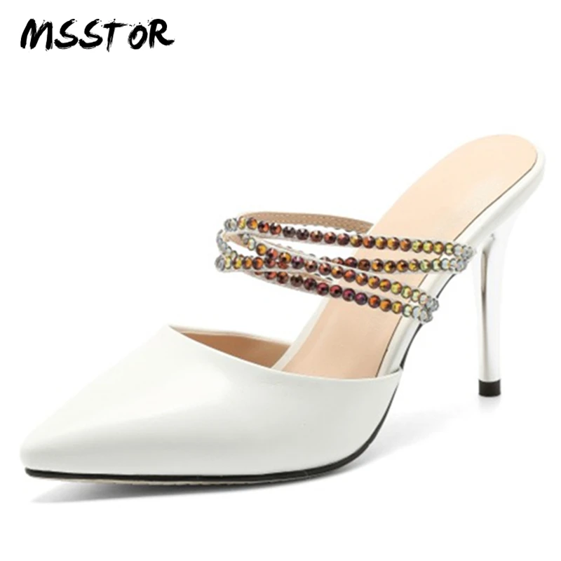

MSSTOR Thin Heel White Mules Shoes Women Crystal Genuine Leather Fashion Casual Women Summer Shoes Pointed Toe Slippers Women