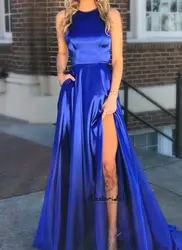 Модные Королевский синий платье для выпускного вечера 2019 г. пикантные высокий разрез платье для Для женщин вечерние платье без рукавов