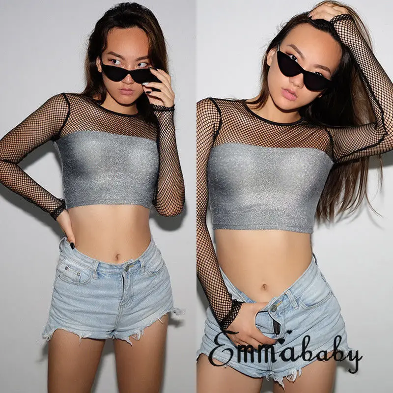 Мода сачок с длинным рукавом Растениеводство Топ Для женщин Mesh Sheer See Through рыбий