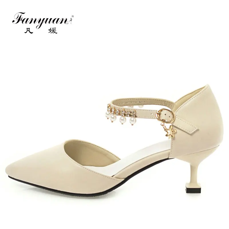 

Fanyuan 2018 Ankle Strap Women Pumps Summer Dating Women Shoes Pointed Toe Square Low Heel PU Woman Wedding Shoes Size 33-43
