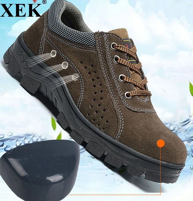 XEK zapatos de seguridad con punta de acero hombre, Calzado con suela transpirable media prueba de perforaciones, resistente al para trabajo pesado, de cuero genuino, ST300|Botas de seguridad y