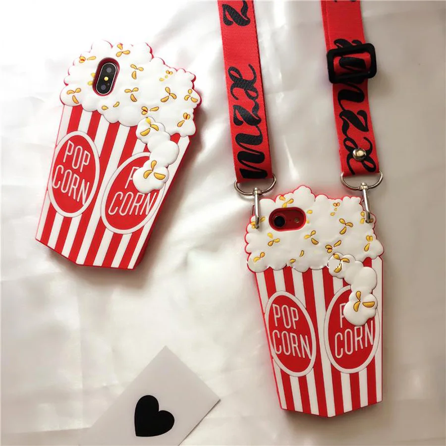 

For iphone 6 6s plus X 7 8 plus case cover fashion 3d Popcorn with shoulder strap shockproof protective phone bag Ritozcase