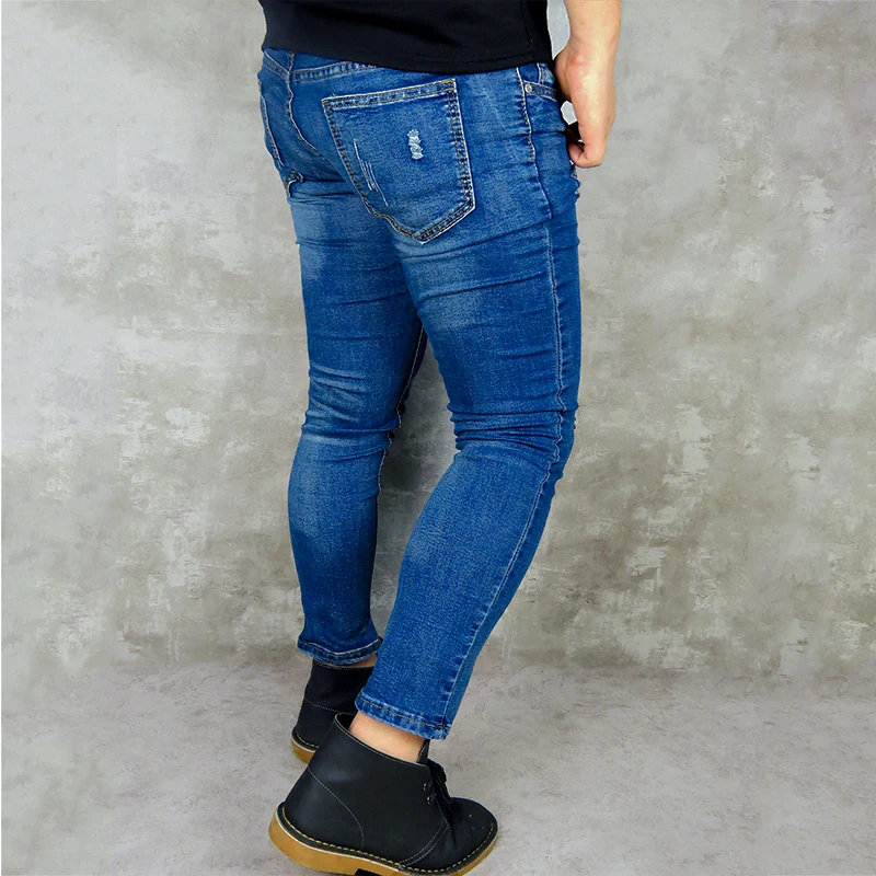 2019 Men s New Jeans Blue Stretch Ankle length Pants Ripped Broken Man Torn Slim Skinny 4