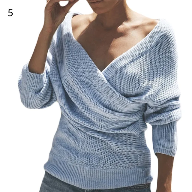 Fashion Women Spring and Autumn Off Shoulder Pullover Sweaters Long Sleeve Knit Solid Slash Neck 