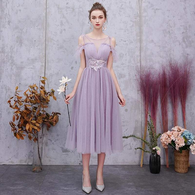 SSYfashion/Элегантные фатиновые платья длиной до колен фиолетового цвета для подружек невесты для женщин, свадебные платья для гостей, вечерние платья на заказ - Цвет: purple