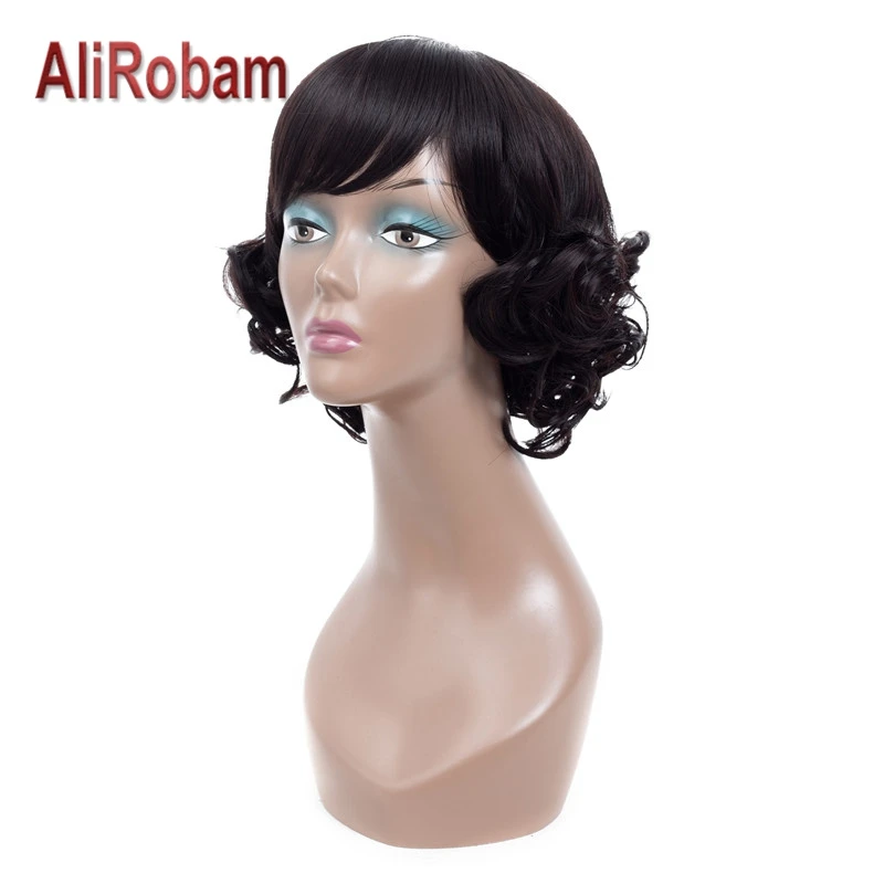 AliRobam Synthetic Wigs Black Color Short Bouncy Curly Wig with Side Part Bangs High Temperature Fiber White Woman |