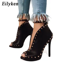 Eilyken/Новая женская обувь; коллекция года; женские ботинки с открытым носком на высоком каблуке; женские ботинки с ремешком на щиколотке, заклепками и пряжкой; черные сандалии