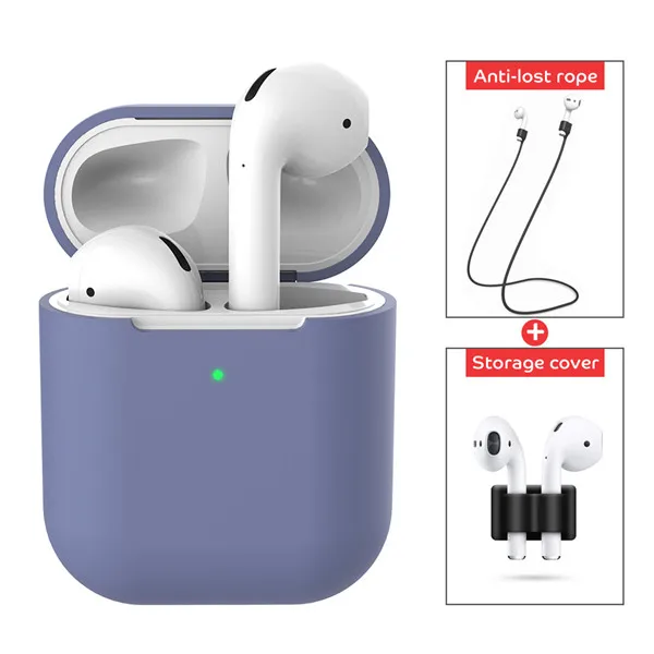 3 IN 1 Soft Liquid Silicone Wireless Earphone Case For Airpods 2 Apple Shell Accessories Cover Pouch Holder Anti-lost Strap - Цвет: light blue