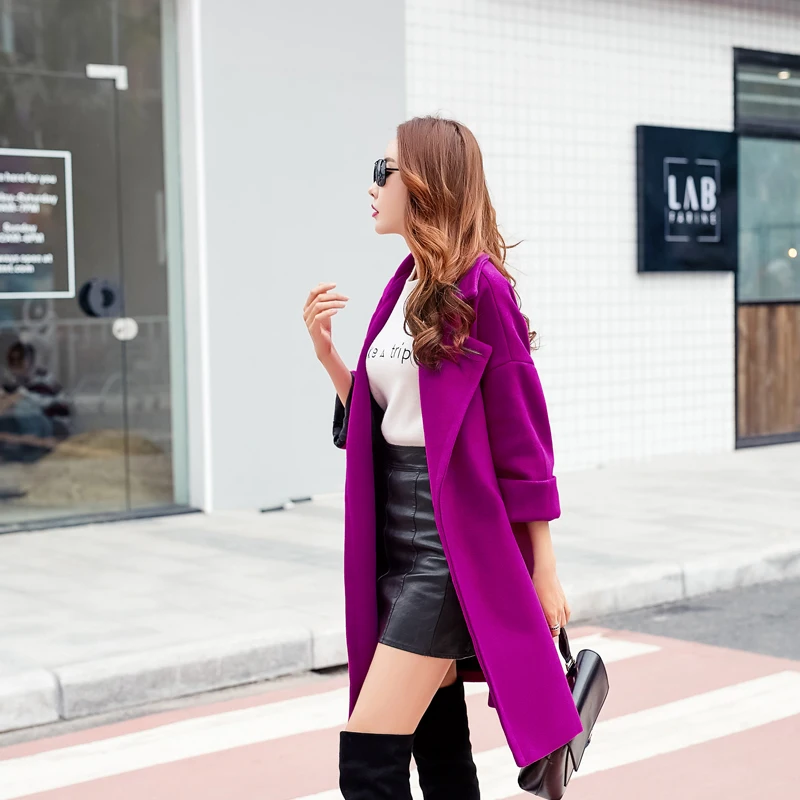 Корейское профессиональное женское фиолетовое шерстяное пальто, однотонное приталенное пальто с поясом и отложным воротником, модная популярная женская верхняя одежда