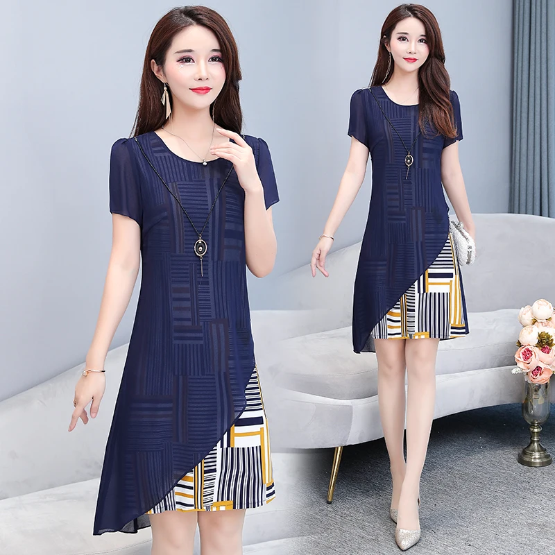 L-5XL Women's Chiffon Dress Summer 2019 New Fashion Office Patchwork Striped Ruffles Short-sleeve Loose Dress Female Black Blue