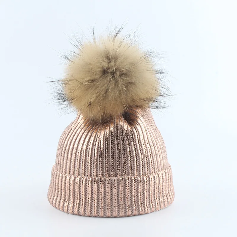 Детская шапка, натуральный енотовый помпон, шапка для девочек, Золотая вязаная крючком зимняя шапка для мальчиков, новые высококачественные шапки для мамы и ребенка - Color: Pink