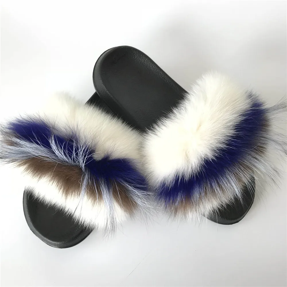 

FunFur - Fashion Fur Slippers Real Fox Fur Slides Beige-blue Slippers Fashion Women's Fur Slides Indoor Outdoor Sandals Shoes
