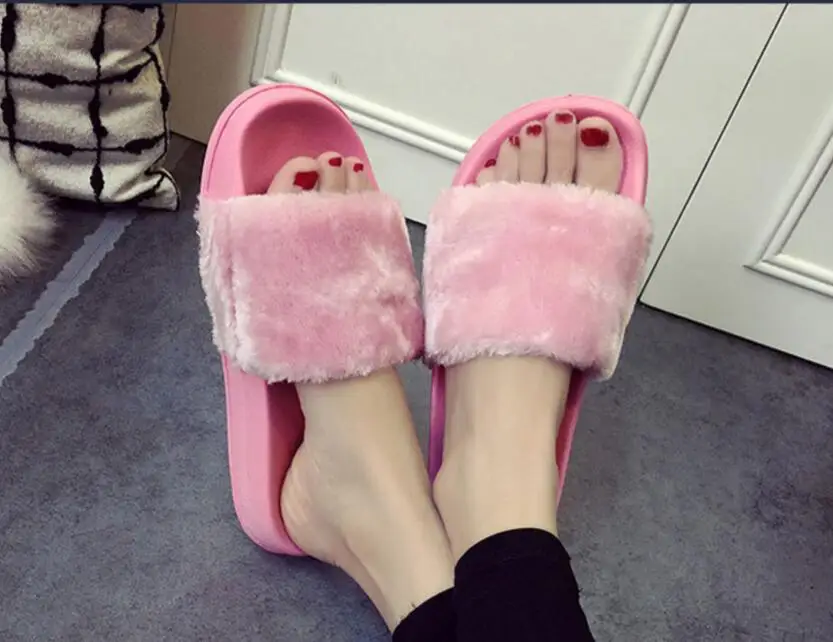

islike Fur Slides Flip Flops Sandals Brand Plush Warm Winter Home Slippers Casual Summer Comfortable Woman Flats Beach Shoes