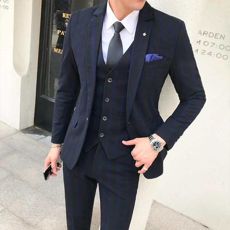 2018 New Men Stripe High-grade Formal Groom Wedding Dress Suit 3 Piece Set / Mens Formal Business Suit ( Jacket + Vest + Pants )