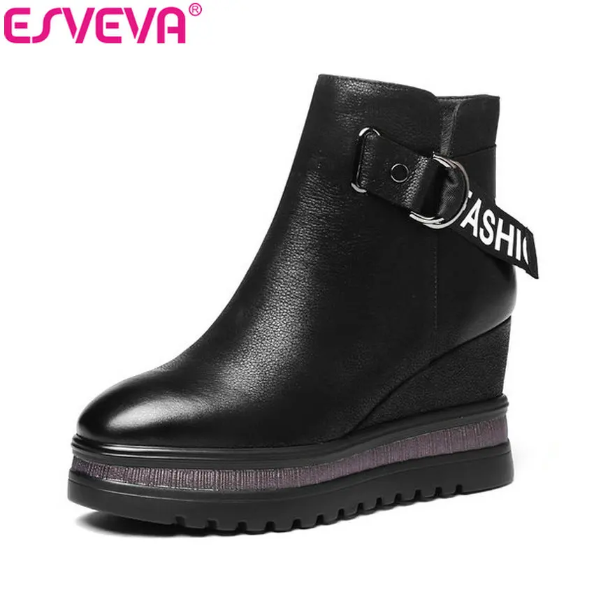

ESVEVA 2019 Women Boots Platform Concise Winter Shoes Zip Ankle Boots Short Plush Fashion Wedges High Heels Woman Shoes 34-42