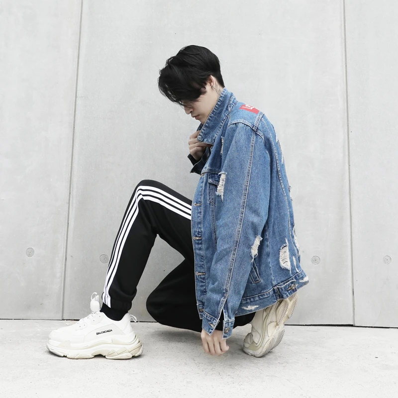 New Broken Holes Denim Jacket Men Hip Hop Ripped Oversized