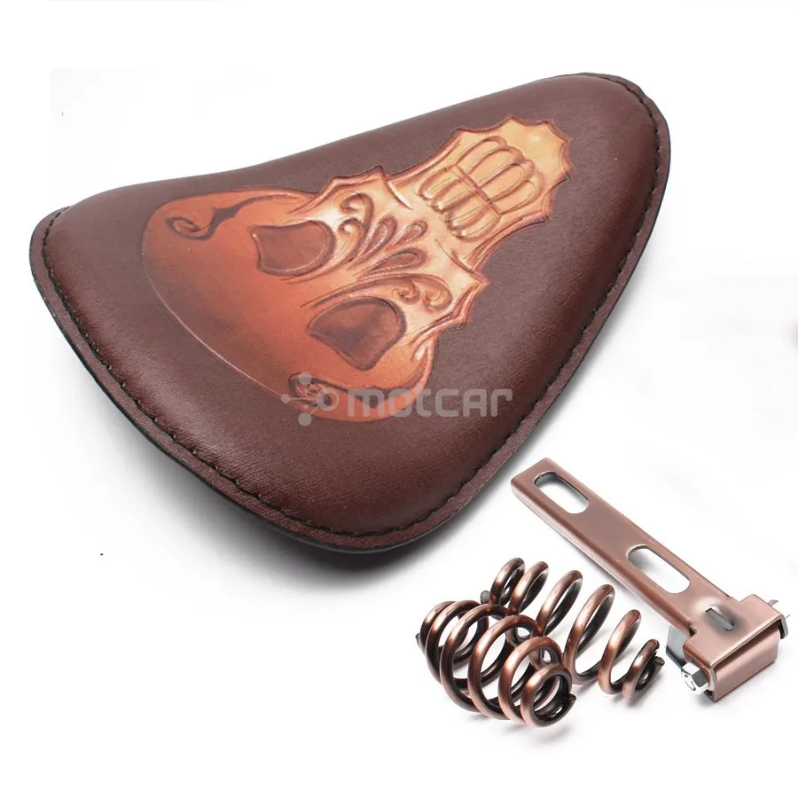 

Motorcycle Old School Torsion Leather Skull Logo Solo Seat+3" Spring Bracket Mounting Base Kit For Harley Bobber Saddle Seat