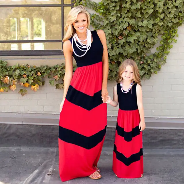 Mother & Daughter Family Stripe Matching Dress Women Girls Boho Halter Dress Outfits