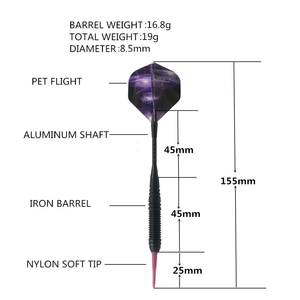 3 шт. 19 г Электронный Безопасный Dart нейлон мягкий наконечник черный железный баррель алюминиевый вал ПЭТ Летающая конкурс обучение Dart