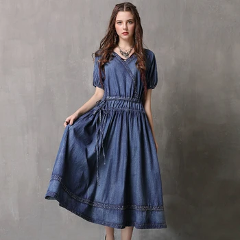 

Retro women summer new short sleeved ladies denim national style folds drawstring large size dress L blue