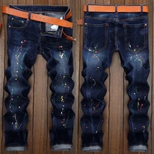 New Designer Dots Print Biker Jeans Men,Character Ripped Patchwork Casual Men’s Jeans Pants,100%Cotton Fashion Large Size 28-38