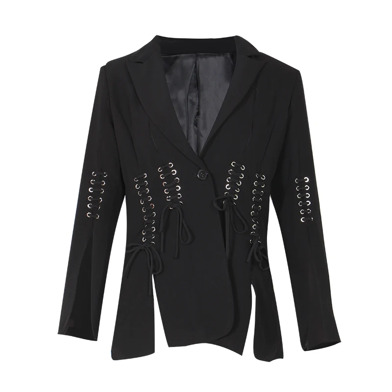 TWOTWINSTYLE, весенний Повседневный Женский блейзер с отворотами, с длинным рукавом, на пуговицах, с разрезом, облегающее Черное Женское пальто,, модная одежда