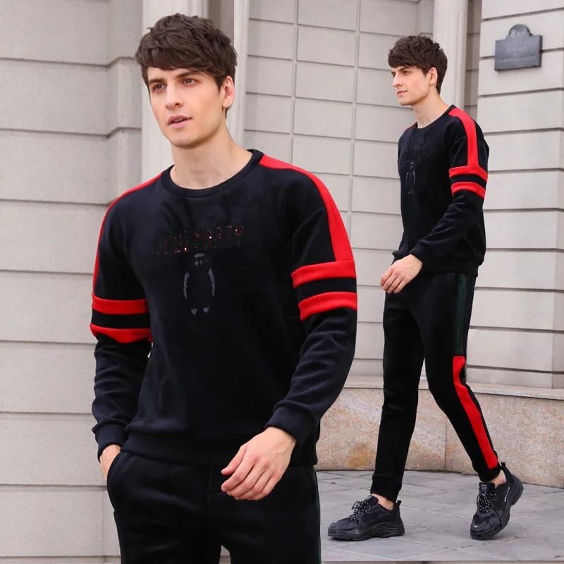 

Fanzhuan Free Shipping New men's Male MAN 2018 Winter black thicker bottoming Sweatshirts pants 2 pieces set flannel 825170