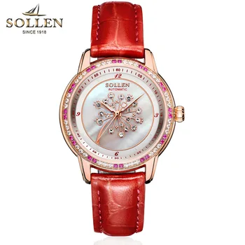 

SOLLEN Brand Fashion Luxury Women Watches Lady Watch Gold Automatic Mechanical Wrist Watch Leather Ladies Watches Gifts Present