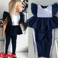 Детские комплекты одежды для маленьких девочек От 1 до 5 лет, модные футболки с расклешенными рукавами и пайетками топы, штаны в полоску летние комплекты из 2 предметов для девочек, От 1 до 5 лет