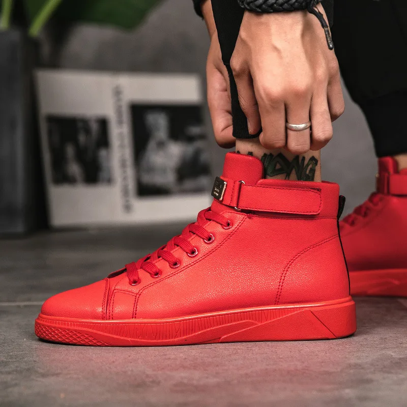 Black Red Men Lace Up Ankle Boots Flats Shoes High Top Leather Casual Shoes Men's Vulcanize senakers Walking Shoes