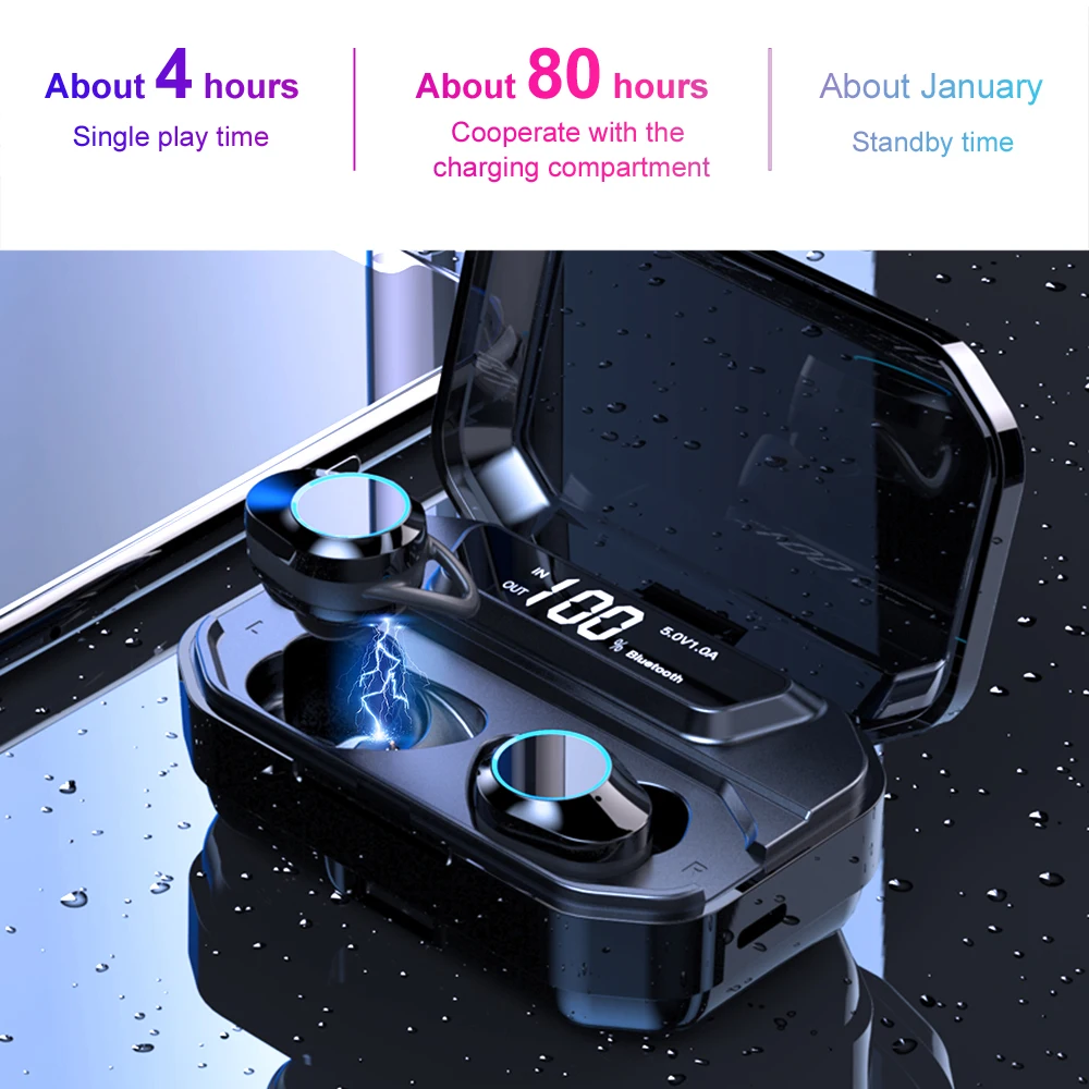 

G02 TWS Bluetooth 5.0 Earphone Wireless Headphone with 3300mAh Charging Bin can charge phone Stereo Headset Waterproof LED