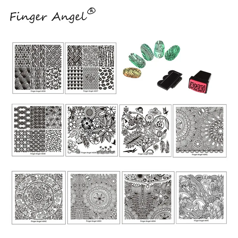 Placa da Arte do Unha Kits de Ferramentas Dedo Angel Quadrado Geléia Stamper Scraper Unha Art Stamping Placa Imagem Stencils Lm002 10 Pcs 4 Beleza e saúde