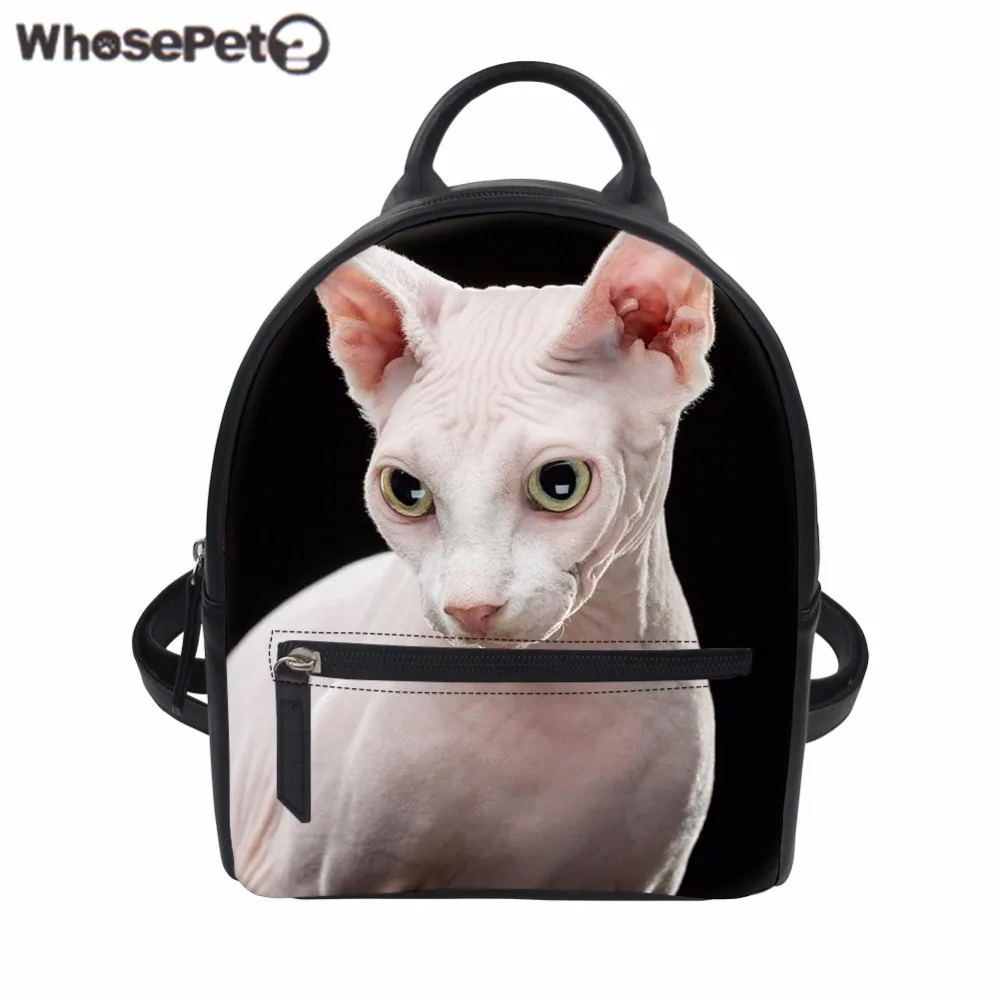 WHOSEPET Backpack Women Kitty Cat Sphynx Canadian Hairless PU Leather Bag Teenager Girls School ...