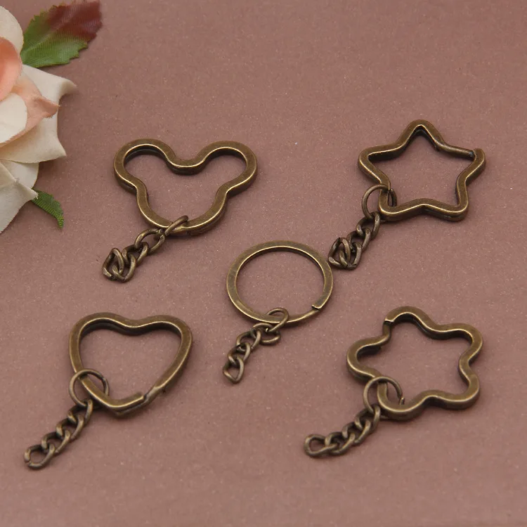 

10pcs Key Ring Chain Antique Bronze Heart Star Flower Plated 35mm Round Split metal key chain DIY Keychain Keyrings Wholesale