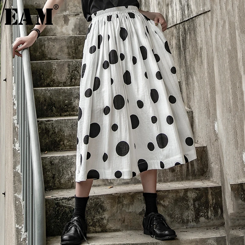 

[EAM] 2019 New Spring Summer High Elastic Waist Black Dot Printed Split Joint Pleated Half-body Skirt Women Fashion Tide JX101