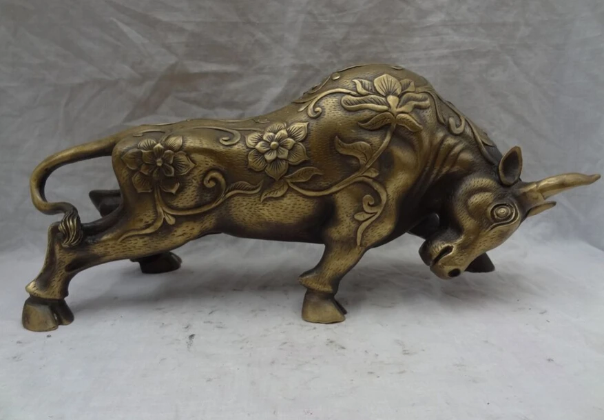 

S2494 12" Chinese Zodiac Bronze FengShui Home Set Wealth Flower Bull Ox Statue Animal D0318