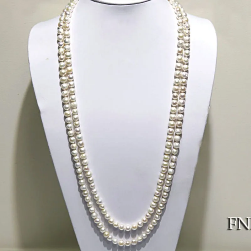 JYX Pearl Double Strand Necklace Classic 8-9mm White Freshwater Pearl Long Strand Necklace Opera Length 32