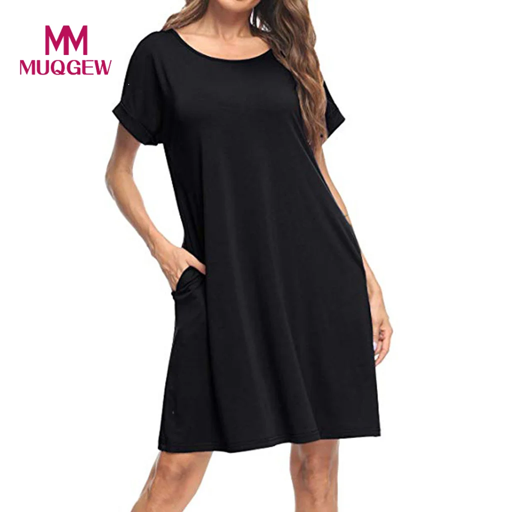 

Women's Plain Summer O Neck Dresses Woman Party Night Short Sleeve Casual Solid Pockets T Shirt Summer Dress vestidos de verano