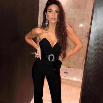

Summer Jumpsuits Women Sexy Strapless Bandage Jumpsuit Bodycon Slim Fashion Celebrity Party Jumpsuit with Leather Belt