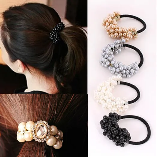 

LNRRABC New Women Flower Headwear Accessories Rhinestone Imitation Pearls Beads Elastic Hair Band/Ties Ponytail Holder Hairband