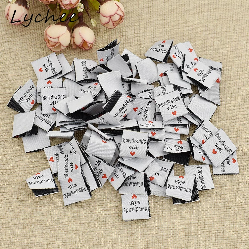 

Lychee 100pcs Polyester Clothing Labels Handmade With Love Heart DIY Craft School Bag Pants Decoration Cloth Markers