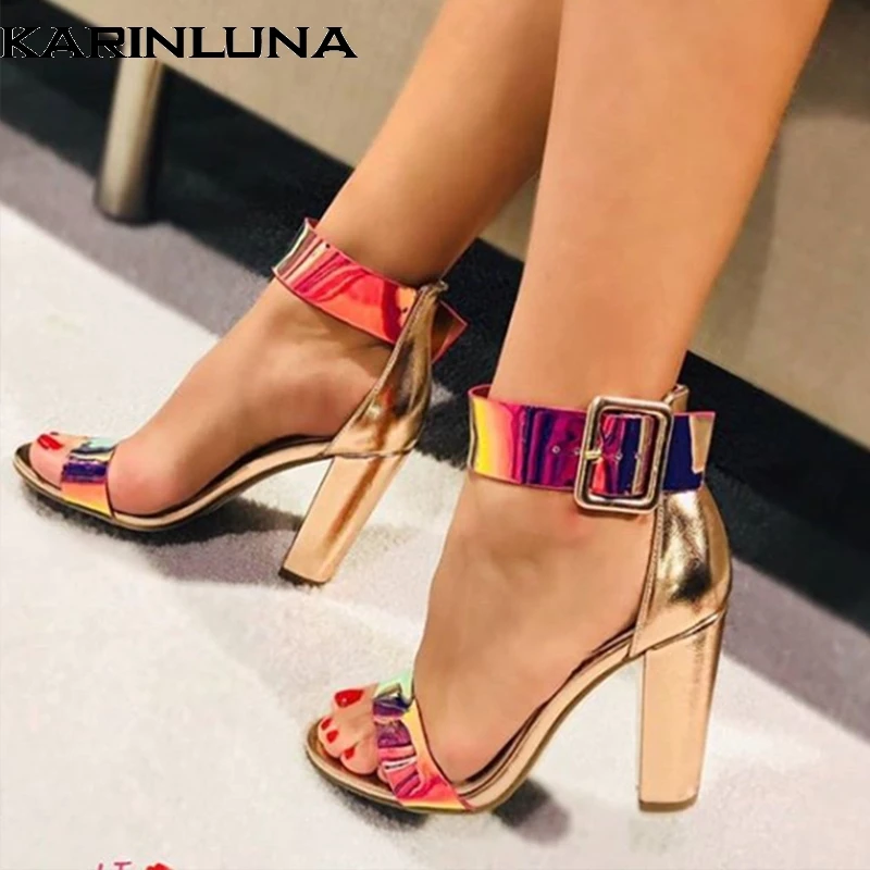 

Karinluna top quality bright color women's high heeled party sandals summer patent pu high chunky heels women shoes woman
